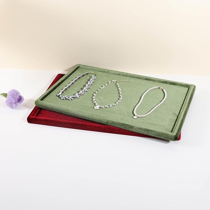Rectangle Jewelry storage organizer plate, Velvet Jewerly display tray, Empty showcase tray for Necklace Bracelet Ring Earring【Light Green-Large, 17.7 x 11.8 in 】 - Image 2