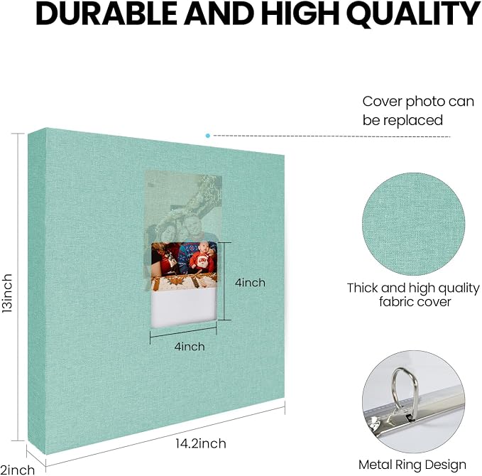 3 Ring Binder 12x12 Inch Large Scrapbook Photo Album, Linen Cover Scrap Book with 30 Plastic Sleeves 60 Pages 12 x 12 Scrapbooks White Pages for Wedding Couples Baby Travel Women kids (Cyan Blue) - Image 3