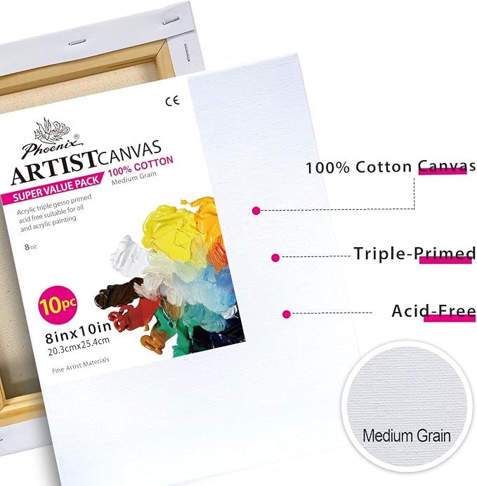PHOENIX Stretched Canvas for Painting 8x10 Inch/10 Value Pack, 8 Oz Triple Primed 5/8 Inch Profile 100% Cotton White Blank Canvas, Artist Framed Canvas for Oil Acrylic & Pouring Art - Image 3