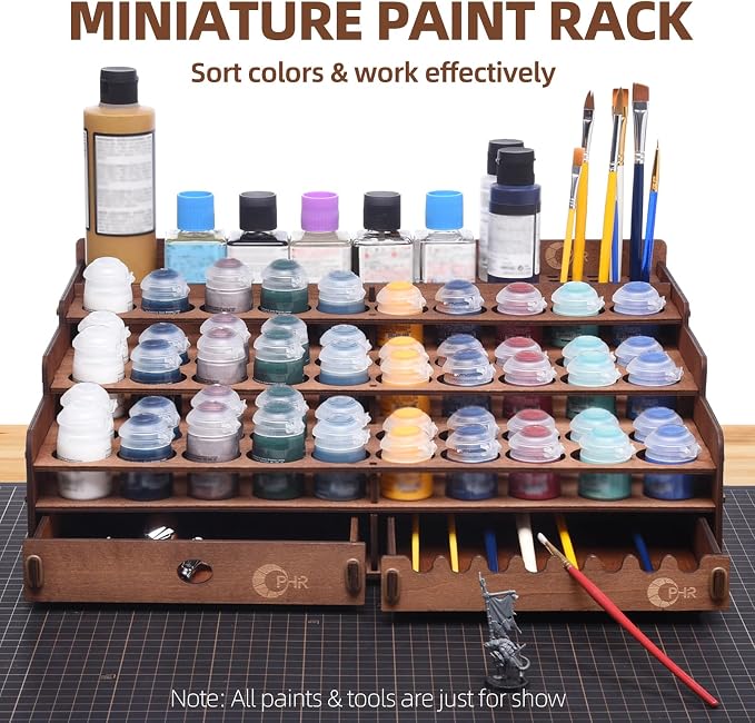 50 Holes Wooden Paint Holder Rack for Model Paints, Painting Brushes | 1.42" Dia Holes Fit 10/12/18/24ml Model Paints, Includes 1 Drawer, 25 Brush Holes, Painting Brush Holder wth 24 Slots - Image 2