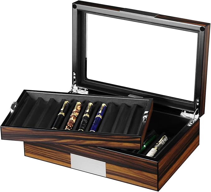 Pen Display Case - Ebony Wood Storage Box with Glass Window, Holds 20 Fountain Pens, Luxury Pen Organizer for Collectors - Image 8