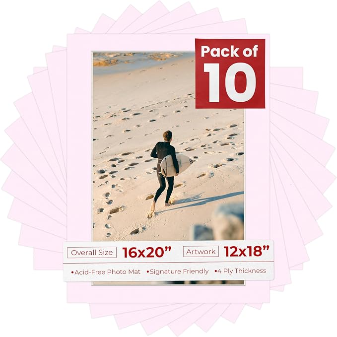 12x18 Mat for 16x20 Frame - Precut Mat Board Acid-Free Soft Pink 12x18 Photo Matte For a 16x20 Picture Frame, Premium Matboard for Family Photos, Show Kits, Art, Picture Framing, Pack of 10 Mats by PosterPalooza