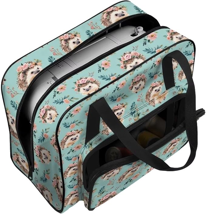 Sewing Machine Tote Bag Large Capacity Appliance Dust Storage Bag Versatile Travel Carrier Bag Portable Sewing Machine Organizer Bag, Hedgehog Flower Leaf Teal - Image 7