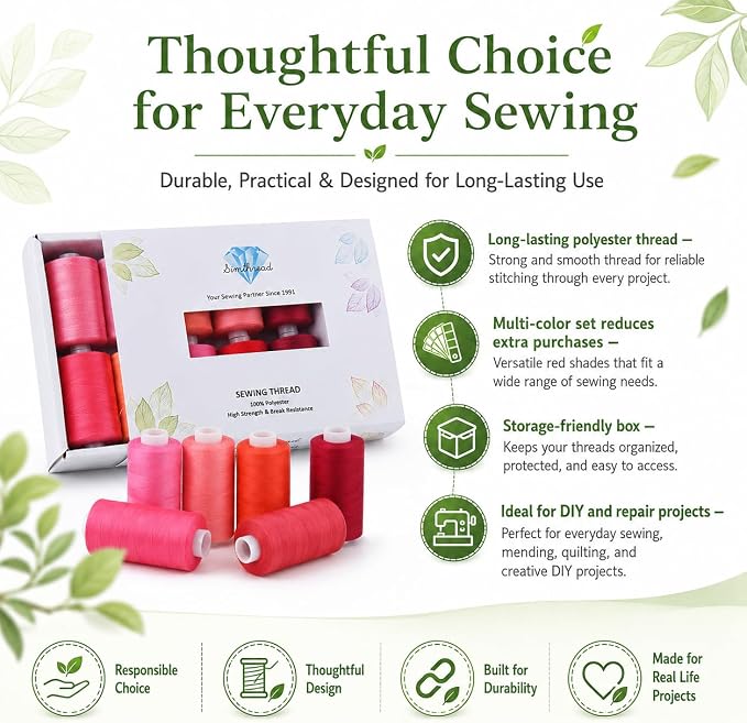 Simthread All Purpose Sewing Thread, 10 Spool Assorted Red Series 1000 Yards Each Bobbin Polyester Thread for Sewing, Handy Polyester Sewing Threads for Sewing Machine - (Red Series) - Image 7