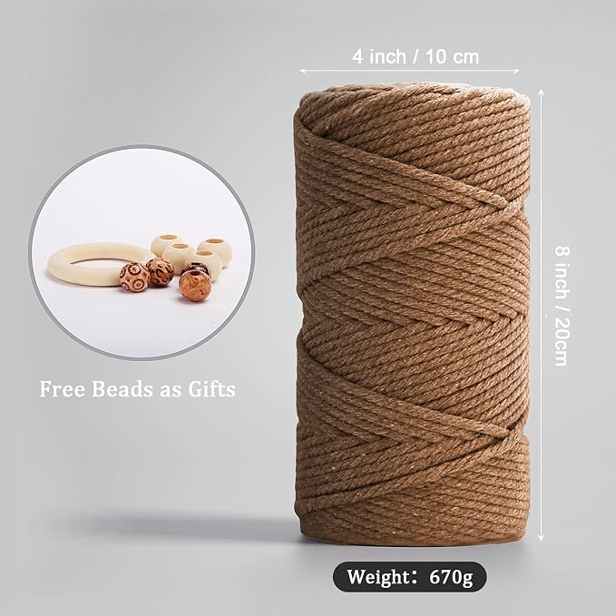 ZUEXT Macrame Cord, Caramel, 5mm x 109yds Cotton String Macrame Yarn | 100% Natural Handmade, 4 Strands Twisted Cotton Rope, For Wall Hanging Plant Hangers Gift Wrapping Tapestry DIY Crafts, 100m - Image 2