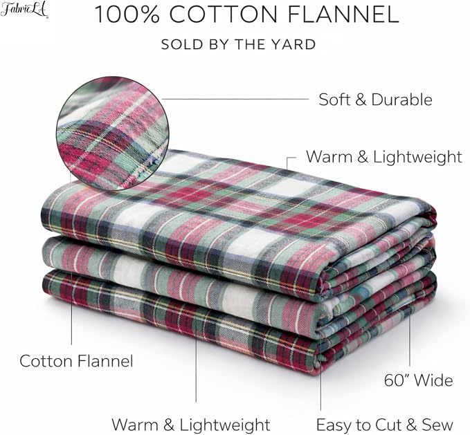 FabricLA 100% Cotton Flannel Fabric 60" Wide 180 GSM Lightweight - Super Soft Fabric for Sewing Quilts Pajamas Blankets Shirts and Crafts - Coastal Ember Plaid Check, Style 18-2 Yard Pre Cut - Image 2