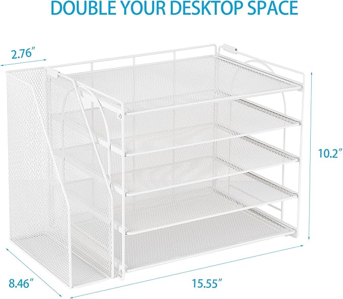 AUPSEN Desk Organizers and Accessories, 5-Tier Desktop Paper File Organizer with Removable File Holder, Desk Accessories & Workspace Organization for Home Office Supplies (White) - Image 2