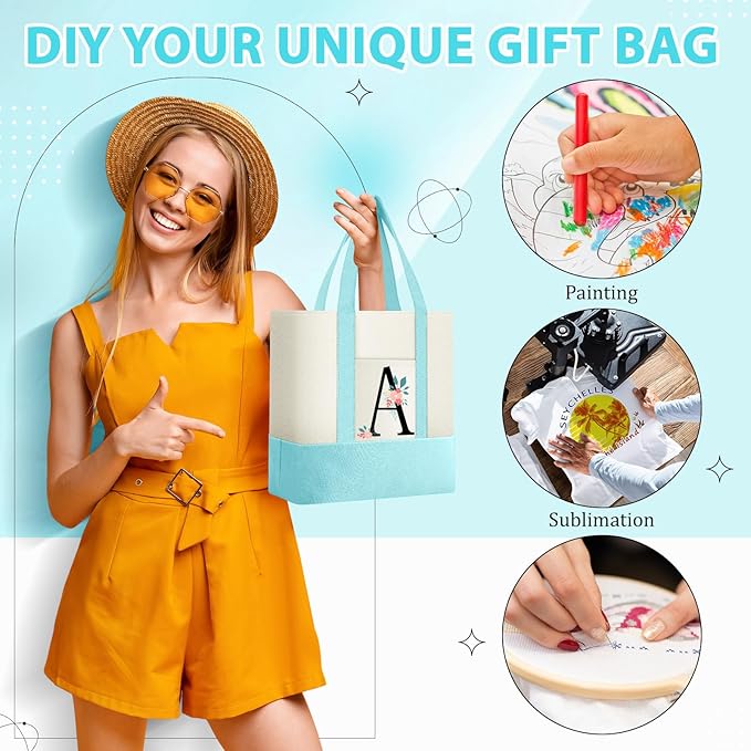 Sanwuta 12 Pcs Mini Canvas Tote Bags Bulk with Pocket Small Sublimation Blank Canvas Tote Reusable Grocery Bag for Women, DIY Craft (Light Blue) - Image 5