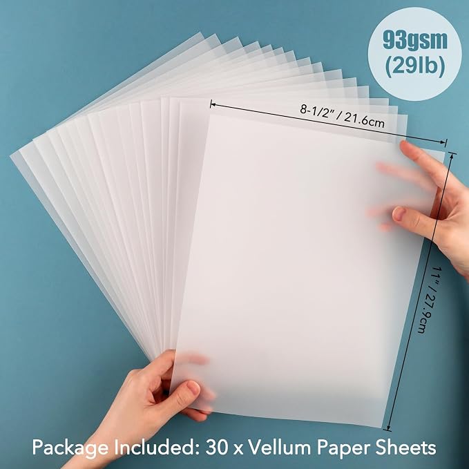 Vellum Paper,30 PACK Frosted Smooth Vellum Paper Sheets,8.5x11inch 93GSM Translucent Paper Tracing Vellum Paper for Crafts Tracing,Drawing,Card Overlays,Invitation Envelope Greeting Cards, Photo Print - Image 2