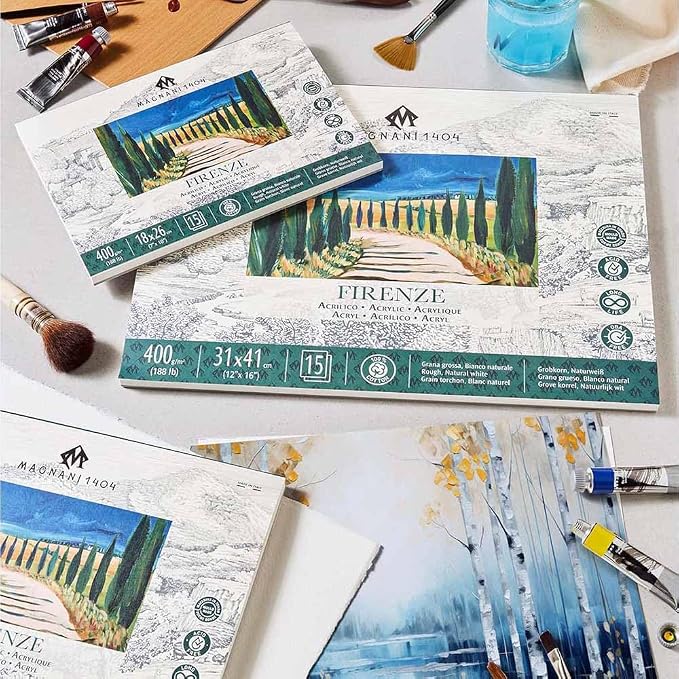 Magnani 1404 Firenze 100% Cotton Acrylic Paint Paper Pad, 9x12 188 lb. 15 Heavyweight Sheets, Rough Texture, Vegan Sizing, Natural White Acrylic Paper Pad for Acrylic, Gouache, Ink & Watercolor - Image 6
