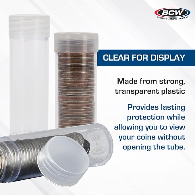 BCW Half Dollar Coin Tubes for Kennedy Half Dollars, Airtight, 10 Pack | Each reusable screw-cap tube holds 20 unwrapped 30.6 mm coins and helps limit air exposure during storage or display. - Image 7