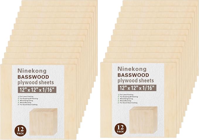 Basswood Sheets 24 Pack,12"x12"x1/16 Plywood Sheets,1.5mm Basswood for Laser Cutting,Laser Engraving Blanks,Drawing & Painting,Thin Natural Unfinished Wood for Crafts,Wood Burning,Scroll Saw Cutting by Unknown