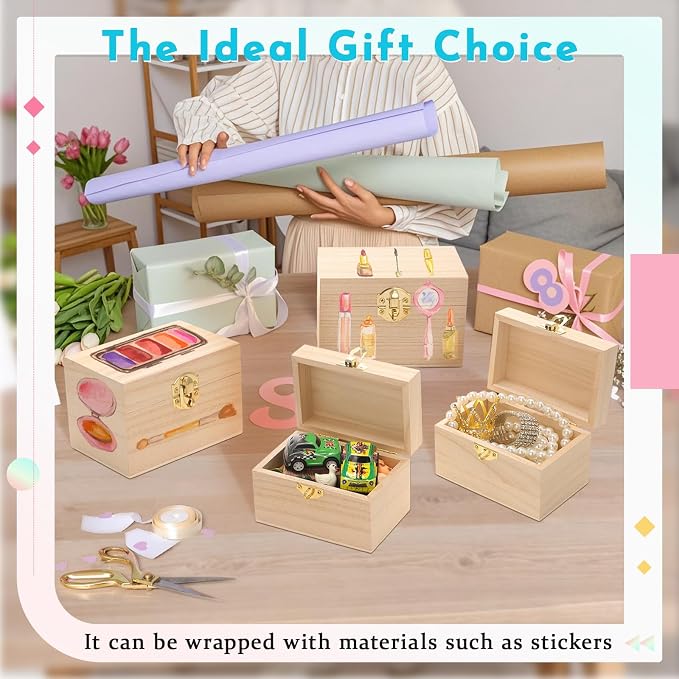 CroBlissful 36 Set 72 Pcs Unfinished Wooden Box with Hinged Lids and Mini Padlock Locks with Keys Unfinished Wood Treasure Chest Box for Craft Gift Jewelry Desktop Storage (Classic) - Image 4