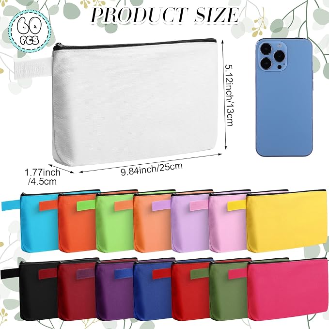 Reginary 60 Pcs Canvas Makeup Bag Bulk, 9.8 x 5 x 2 Inch, Multicolor | Portable Cosmetic Pouch with Zipper, Blank Design Pencil Case, Versatile Toiletry Organizer for Women Travel DIY Craft - Image 3
