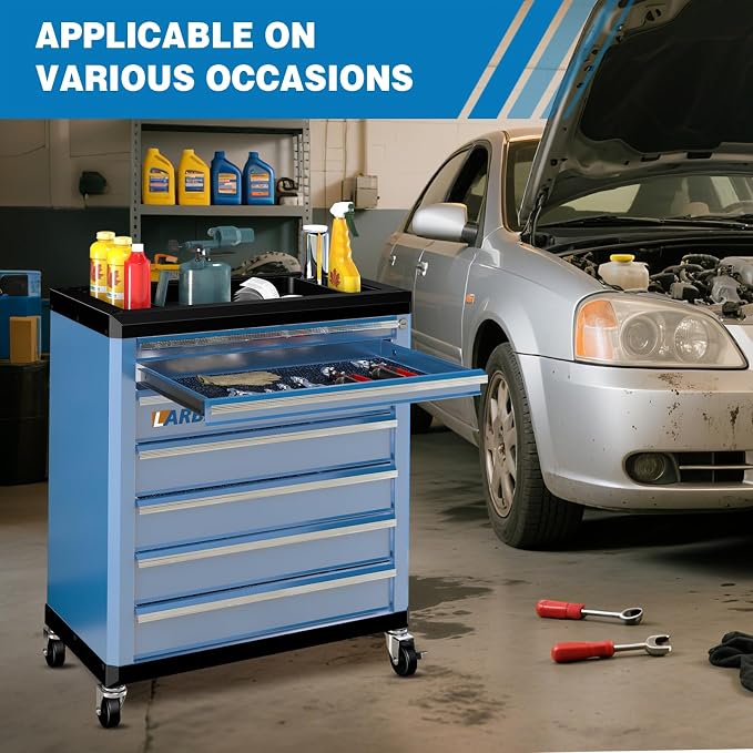 7-Drawer Rolling Tool Chest with Wheels,Locks,Blue Tool Cabinet | Lock&Keys, 360°Wheels with Brakes,Different Sizes of Drawers,Anti-scratch Drawer Liner,Unique Connect Buckle for connecting - Image 8