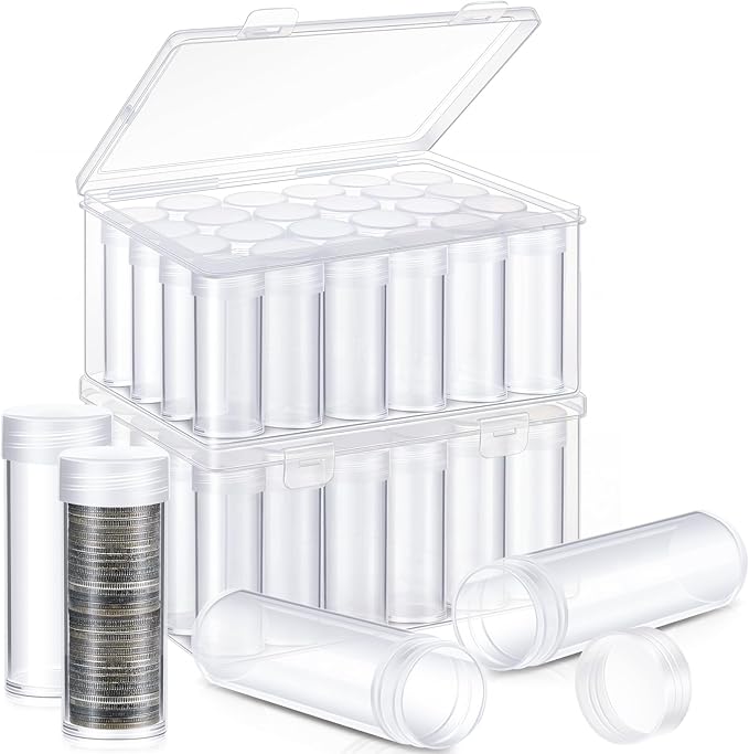 Qunclay 48 Pcs Quarter Coin Tubes Bulk with 2 Plastic Storage Box Clear Holders with Lid for Collection Supplies by Qunclay