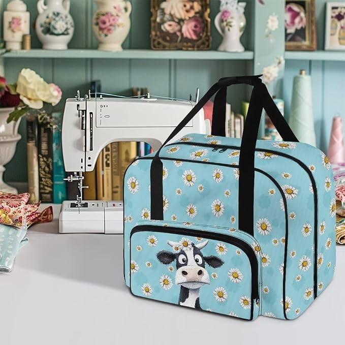 Sewing Machine Dust Case Large Capacity Appliance Storage Case Universal Portable Travel Tote Bag Versatile Sewing Machine Organizer Bag, Cow Daisy Blue - Image 2
