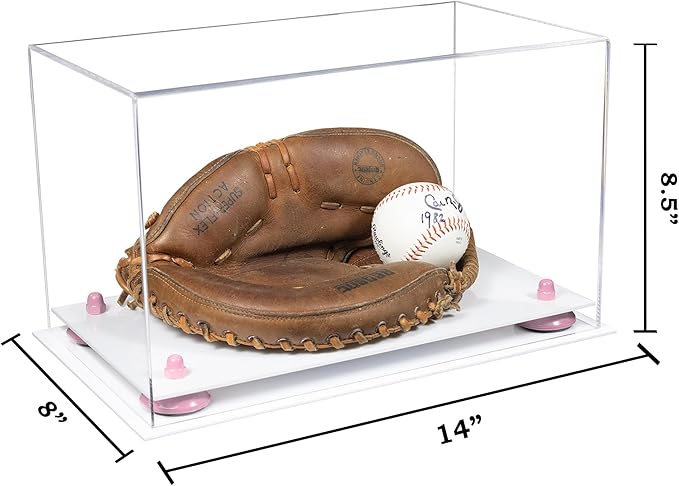 Better Display Cases Acrylic Catchers Glove Display Case with Clear Case, Pink Risers and White Base 14" x 8" x 8.5" (V16/A011)