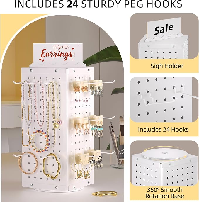 Urban Deco 360° Rotating Pegboard Display Stand with Signage, 4-Sided Spinning Peg Board Stand with 24 Hooks for Jewelry, Earring & Keychain Holder Displays for Craft Shows & Vendor Events (White) - Image 4