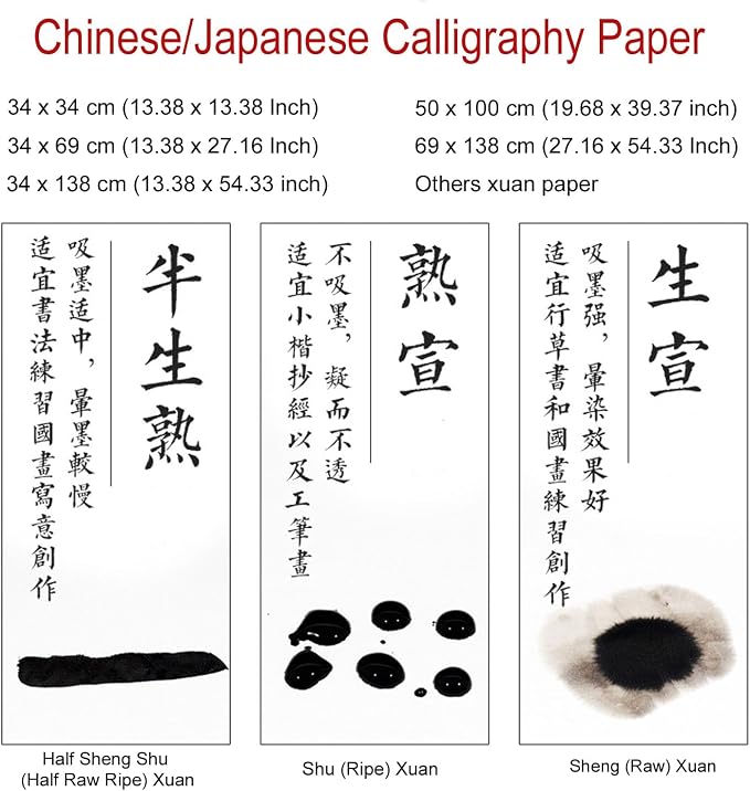 KYMY Chinese/Japanese Calligraphy Paper 100PCS, Sumi/Rice Paper for Writing Painting Drawing Practice, Chinese Brush Ink Xuan Paper, Half Sheng Shu (Half Raw Ripe) (34 x 34 cm (13.38 x 13.38 Inch)) - Image 5