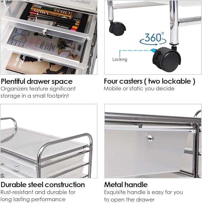 RELAX4LIFE 15-Drawer Rolling Storage Drawer Cart Organizer | 34.5"H Chrome Frame, Semi-Transparent Clear Drawers Rolling Wheels; School Office Home Salon Multipurpose Utility Storage - Image 5