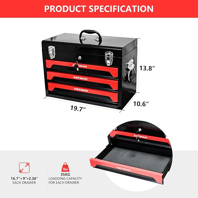 20" 3-Drawer Heavy Duty Portable Steel Tool Box, Lockable Tool Chest Organizer with Top Tray, Ball Bearing Slides, Drawer Liners, Carry Handle & Key Lock for Garage, Warehouse, Workshop - Image 2