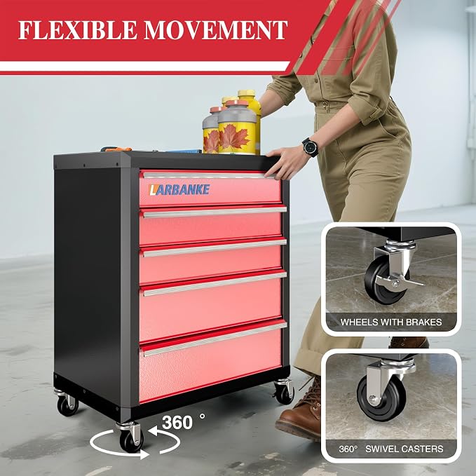 5 Drawer Rolling Tool Chest with Wheels,Lockable Tool Cabinet,Red | 360° Wheels with Brakes, Locking System, Waterproof Multifunction Top, Connect Rods for Stacking with Same Series Cabinet - Image 6