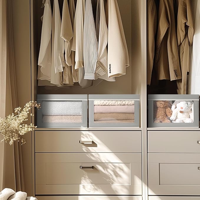 Storage Bins with Lids - Fabric Closet Storage Bins with Window, Collapsible Baskets for Shelves 4 Pack, Home Decorative Boxes for Clothes, Closet, Office, Grey - Image 2
