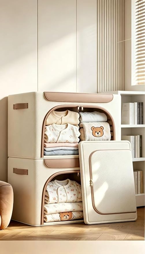 Clothes Storage Bins with Metal Frame&Leather Fringe&Clear Window, Washable Oxford Fabric Bins, , Stackable foldable Closet Organizers Sweater Comforter Storage(3 pcs,Beige,66L) (Double Styles) - Image 2