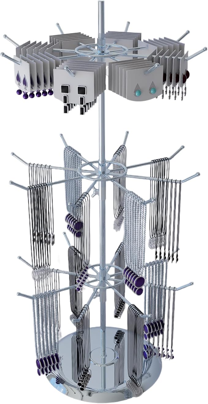3 Tier Jewelry Holder with 8 Hooks Chrome Spinner Display Stand | Chrome, Adjustable Height, Space-saving, 3 Tier Hanging, Rotating Organizer, For Necklace Bracelet Earring - Image 6