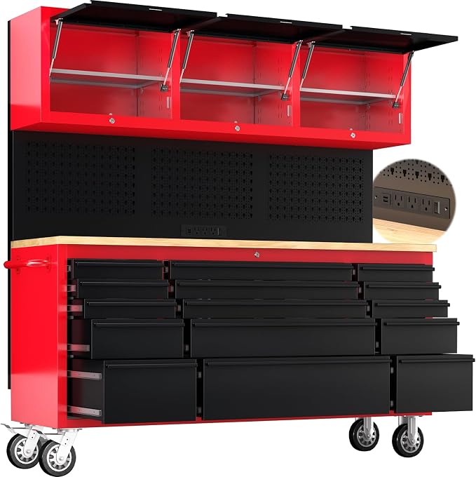 72" Rolling Tool Chest with 15 Drawers, 1.2" Thick Solid Wood Top | Power Outlet & Pegboard, Lockable,18" Deep 1.2" Thick Solid Wood Top by LARBANKE