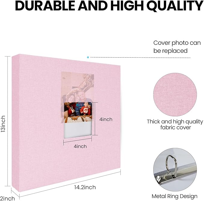 3 Ring Binder 12x12 Inch Large Scrapbook Photo Album, Linen Cover Scrap Book with 30 Plastic Sleeves 60 Pages 12 x 12 Scrapbooks White Pages for Wedding Couples Baby Travel Women kids (Pink) - Image 6