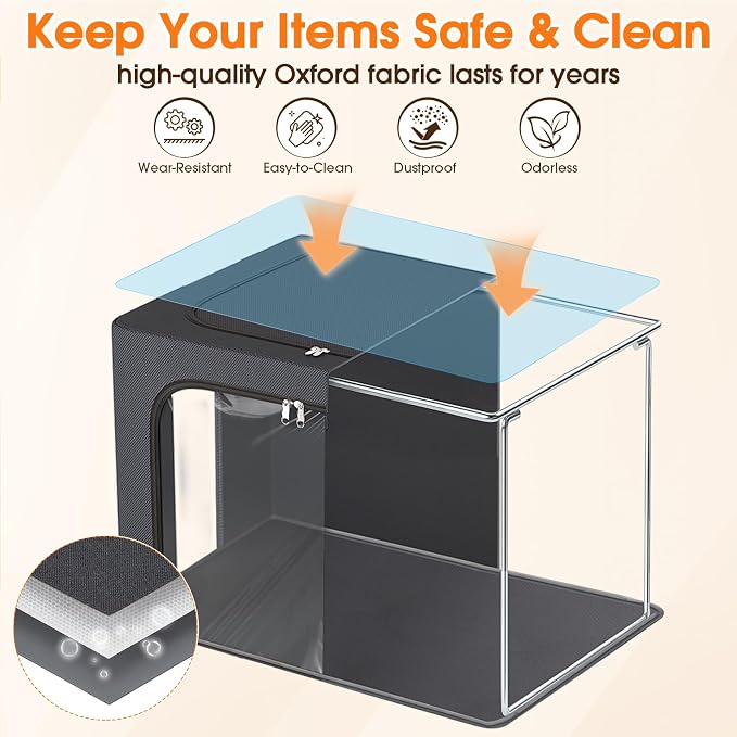 4 Pack Clothes Storage Bins with Metal Frame, Light Grey, 40L | Foldable Storage Boxes with Clear Window, Front & Top Zipper Openings, Stackable Organizer with Handles for Closet & Bedroom - Image 4