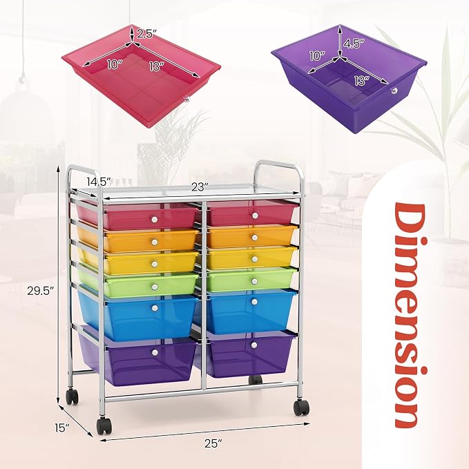 DREAMADE Rolling Cart with Storage Drawers, Utility Cart with Removable Plastic Drawers, Lockable Wheels, Art Cart for Classroom Organization Art Supplies Office Scrapbook (‎12 Drawers, Rainbow) - Image 3