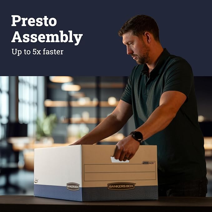 Bankers Box 12 Pack Presto Heavy-Duty File Storage Boxes, Instant Assembly, Lift-Off Lid, Letter, White/Black - Image 3