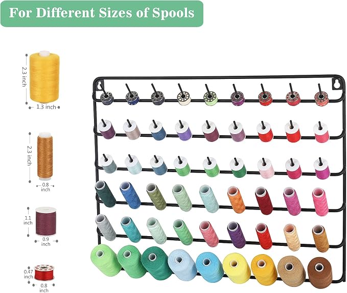 MOOACE 54 Spools Thread Rack Set of 2, Metal Thread Holder Organizer with Hanging Hooks for Embroidery Quilting and Sewing Threads, Black - Image 3