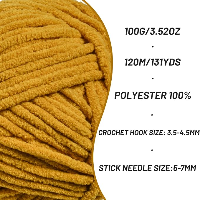 Plush Chenille Chunky Crochet Yarn - Baby Yarn for Crocheting Soft - Velvet Yarns Knitting for Blankets Crafts - Fluffy Amigurumi Yarns 100g / 131yd (Turmeric) - Image 2