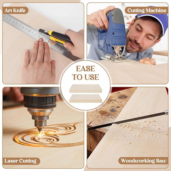 SiliFine 12x12 Inch 24 Pack Basswood Sheets for Crafts, Mixed Sizes 1/16“or 1/8" 3mm Plywood Boards, Unfinished Wood Sheets for Laser Cutting Burning Paint DIY Project Model (Suqare) - Image 4