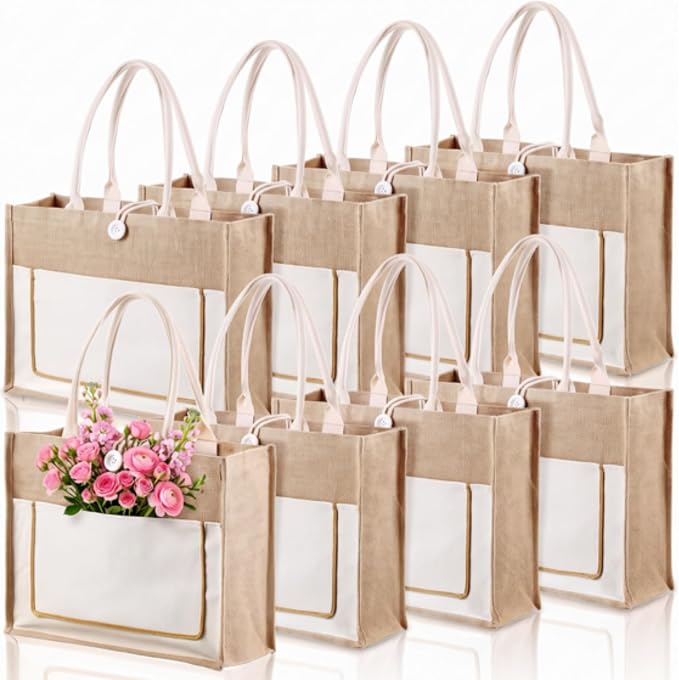 Reginary 8 Pack Burlap Jute Tote Bags 16.5x12.6x5.5 in Reusable Bags | Shopping Tote Bags with Handles for Wedding Gifts DIY Crafts Teacher Bags Grocery Beach Travel by Reginary
