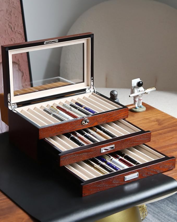 wood pen display case 36 slot Fountain pen Box storage Organizer with drawer, Top Glass Window Pen Collection Display Case - Image 6