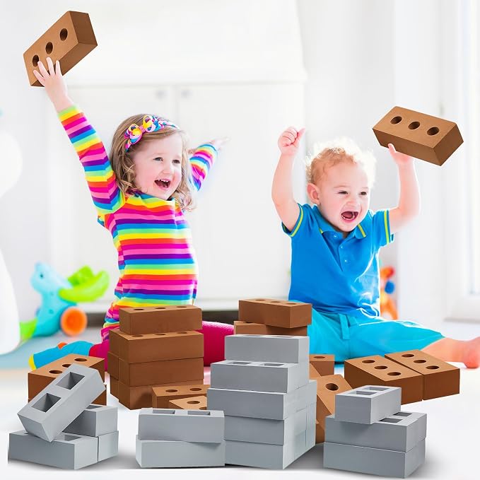 Zhanmai 50 Pack Foam Bricks Building Blocks for Kids Foam Cinder Blocks Large Fake Bricks Toy for Stacking and Construction 8 x 4 x 2.4 Inches(Square Round) - Image 6