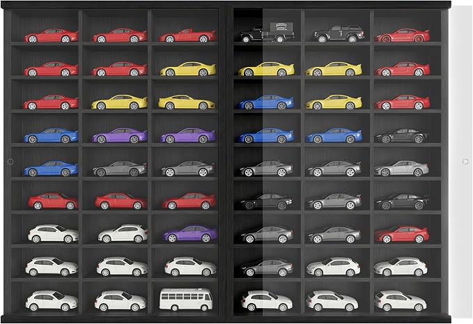 Model Car Display Case 24 x 17 in, Holds 54 Fits 1/64 Scale Toy car Storage Organizer,Wall-Mounted Toy Shelf Display Storage, Collapsible Wooden Box with 2 Acrylic Cover Plates (Only Box - Black) by Unknown
