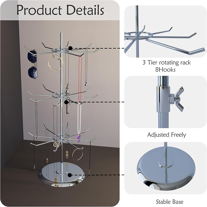 3 Tier Jewelry Holder with 8 Hooks Chrome Spinner Display Stand | Chrome, Adjustable Height, Space-saving, 3 Tier Hanging, Rotating Organizer, For Necklace Bracelet Earring - Image 2