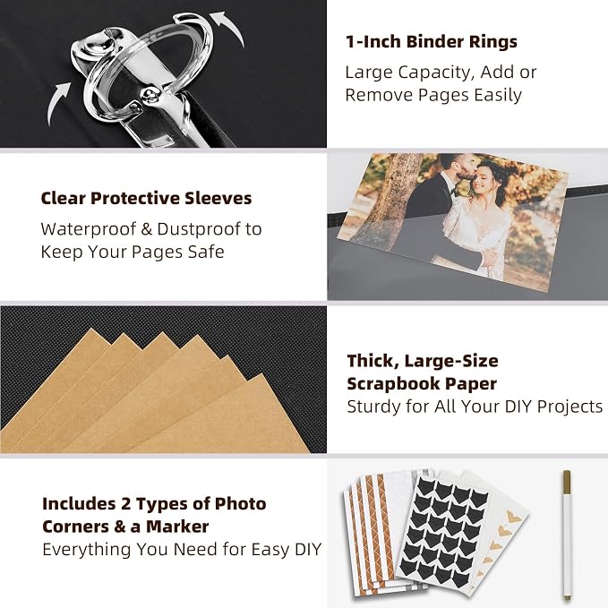 Vienrose 13"x11" Scrapbook Album Gift Set Faux Leather DarkBrown 60 Pages | 3 Ring Scrapbook With 60 Kraft Pages, 30 Plastic Sleeves, Blank Scrapbooks, Photobook, Valentine Gift Wedding Anniversary - Image 6