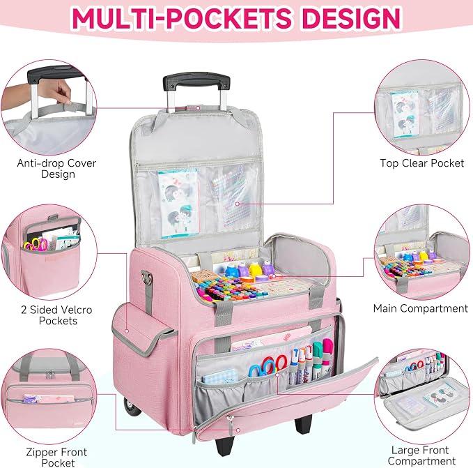 Rolling Craft Bag, Large Craft Bag with Wheels for Scrapbook Supplies | Scrapbook Tote with 15.6'' Laptop Sleeve, Rolling Art Supply Storage for Scrapbooking Tools, Pink (Bag Only) - Image 3
