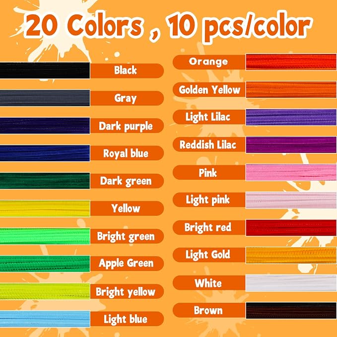 200 Pcs Pipe Cleaners, 20 Colors Pipe Cleaner Craft Chenille Stems | Black Pipe Cleaners Bulk Chenille Stems Craft Supplies for DIY Cleaning Home Decorations - Image 3