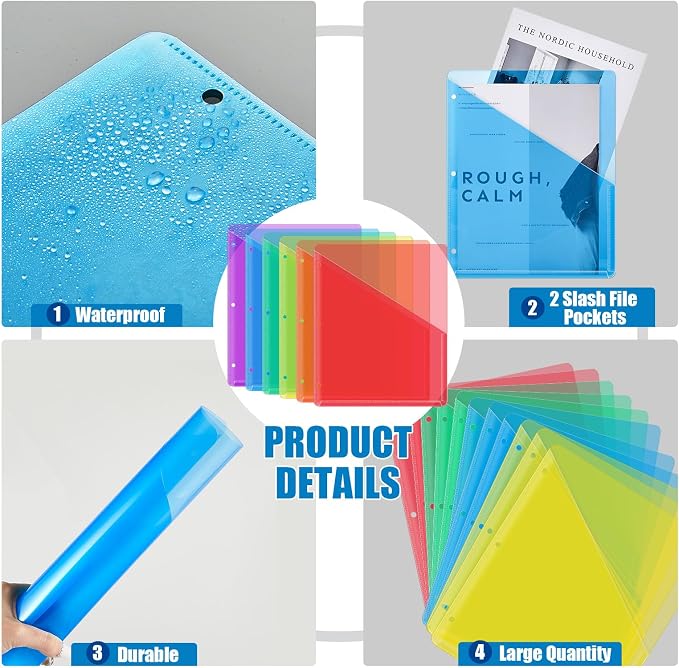 Seajan 24 Pcs Pocket Folders for 3 Ring Binder Clear Plastic Folders Sleeves with 2 Pockets 3 Hole Punch Binder Dividers Poly Slash File Jackets for Office School Document Organizer (Multicolor) - Image 3