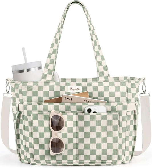 Bagstellar Corduroy Tote Bag for Women, 17 Pockets Laptop Work Tote Purse | Large 15.6” Computer Bag w/ 40oz Cup Holder & Strap, Zipper Teacher Nurse Bible Shoulder Bag for School Travel College Office by Bagstellar