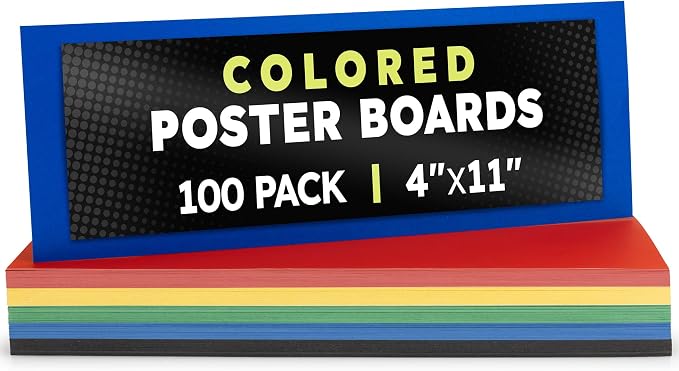 Hygloss Small Colored Poster Board 4x11 - 100 Assorted Standard Color Bulk Pack - Red, Yellow, Green, Blue, Black - 10 Pt. Thickness Poster Board Paper - Posterboard Multipack 4" x 11" by HyglossProductsInc