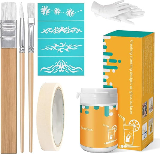 (3oz) Etching Starter Kit for Intricate Designs, DIY Art Craft Bundled with 3 Application Brushes, 1 Paper Tape, 1 Nitrile Gloves, 1 Silk Screen Label, Perfect for Mirrors, Windows, Glassware